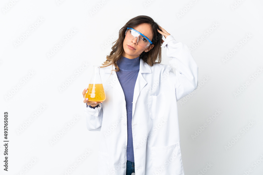 Young scientific woman isolated on white background having doubts Young scientific woman isolated on white background having doubts
