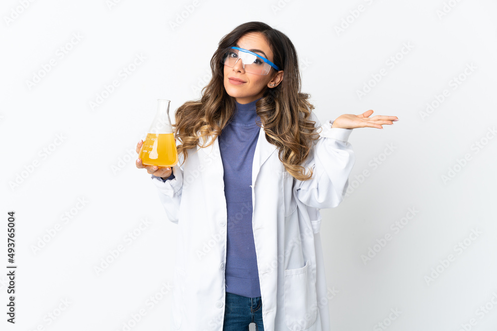 Young scientific woman isolated on white background having doubts while raising hands Young scientific woman isolated on white background having doubts while raising hands