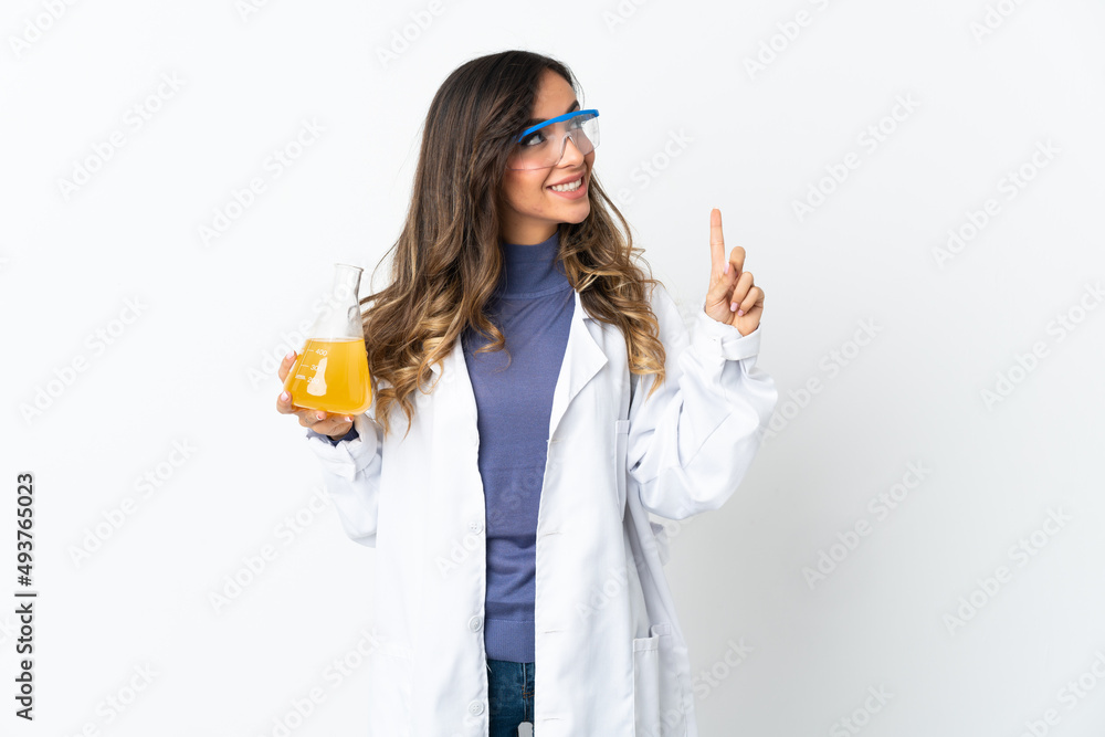 Young scientific woman isolated on white background pointing up a great idea Young scientific woman isolated on white background pointing up a great idea