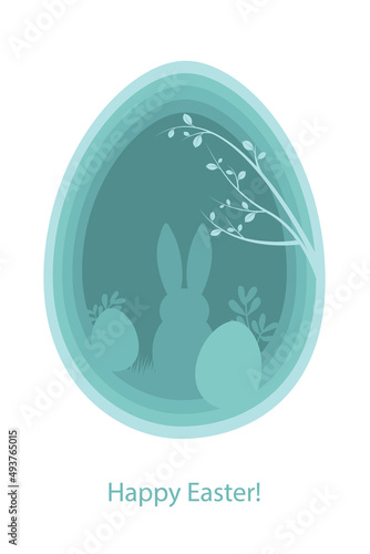 3d Easter postcard. Vector Easter bunny, eggs and tree branch. 