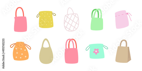 Zero waste hand drawn elements. Cute eco bag illustration. Flat vector illustration. Set of doodle reusable shopping bags