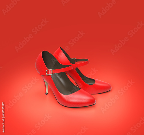 Red shoes against violence on women. Women violence concept. 3D rendering