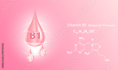 Structure vitamin B1 drop water collagen pink. 3D Realistic Vector. Medical and scientific concepts. Beauty treatment nutrition skin care design. Vitamin solution complex with Chemical formula nature.