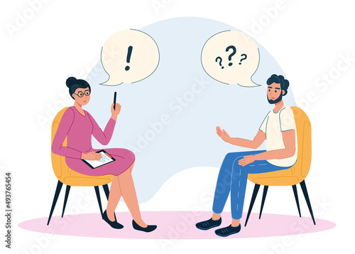 a man at a psychologist's appointment asks questions, a vector character in the flat style talks to a psychologist