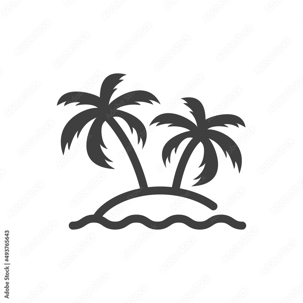 Beach holidays. Destino de vacaciones. Icono plano silueta de isla con 2 palmeras y olas con líneas en color gris