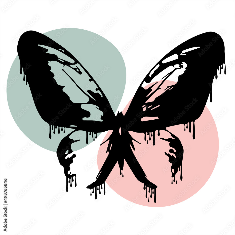 Butterfly silhouette isolated illustration with dripping black paint