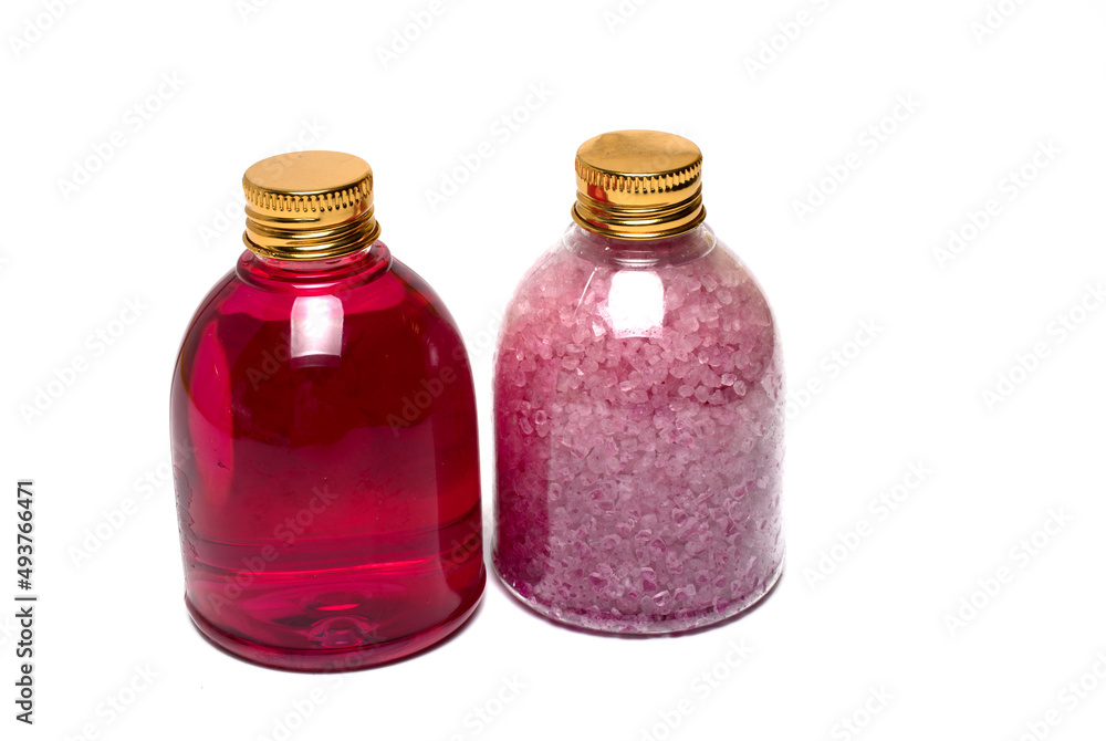 two bottles bath salt golden white background two bottles bath salt golden white background