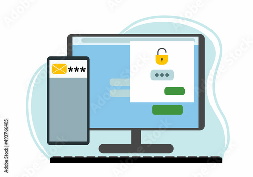 Two-factor authentication security. Login confirmation notification with a message in the envelope with the password code. The lock icons on the PC account account.