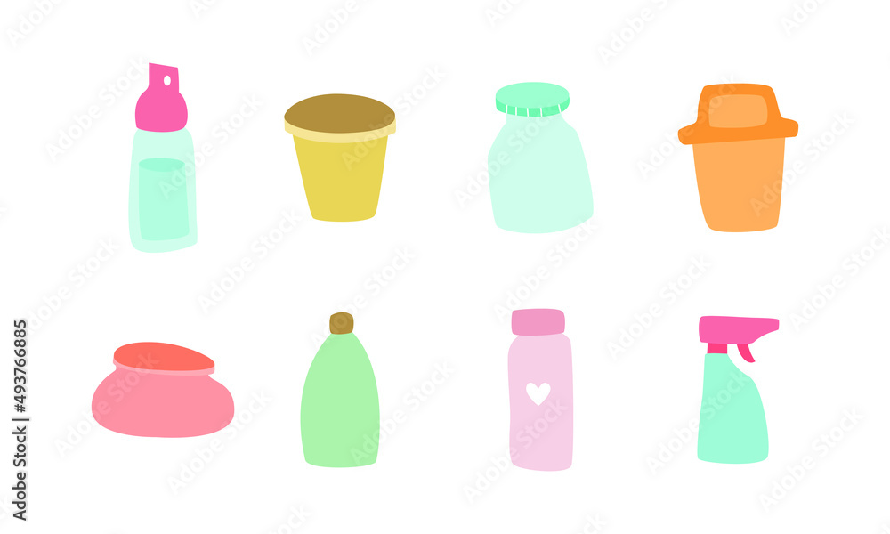 set of plastic trash or waste, bags, plastic bootles, cups. Ecological object illustration. Simple flat design style illustration set of plastic trash or waste, bags, plastic bootles, cups. Ecological object illustration. Simple flat design style illustration