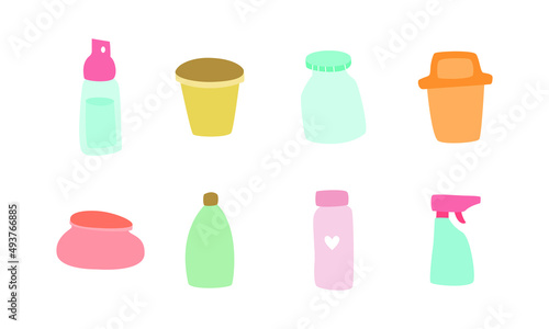 set of plastic trash or waste  bags  plastic bootles  cups. Ecological object illustration. Simple flat design style illustration