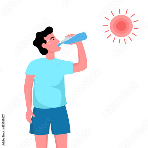 Man suffering from heat and sweaty dehydration from strong sunlight. He drinking water for refreshing in flat design. Hot climate in summer. photo