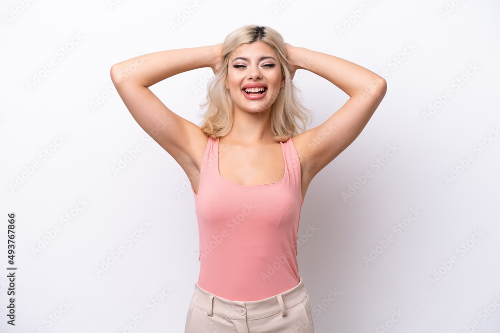 Young Russian woman isolated on white background laughing Young Russian woman isolated on white background laughing