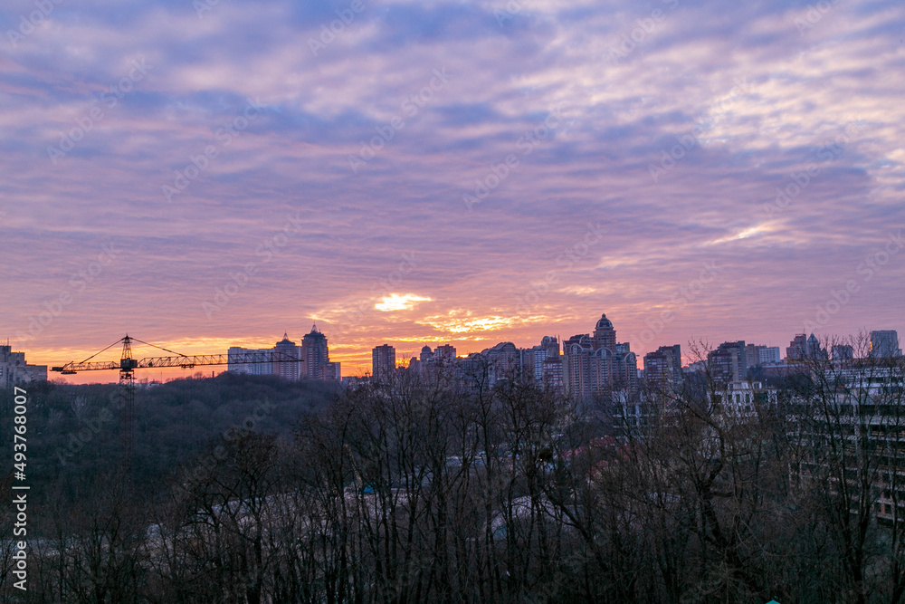 city scape in Kiev. beautiful sunset, blue sky with clouds