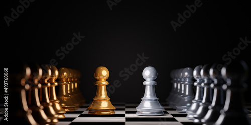 Two Stand of golden and silver pawn chess with team . Winner of business alliance and marketing strategy planing concept by 3d render. photo