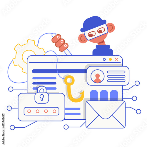 Vector flat cartoon illustration. Data phishing. Hacking online scam concept.