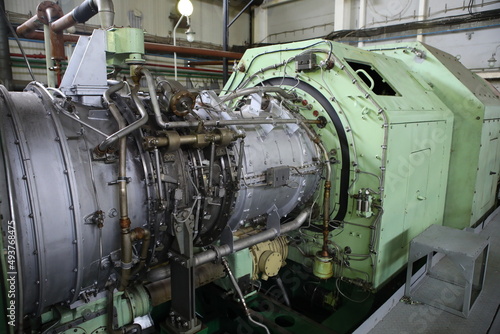 Gas transportation system. Booster pumping station for gas. Gas filling station and gas tanks. Transportation of gas around the world. Oil and gas sector. Gas turbines.