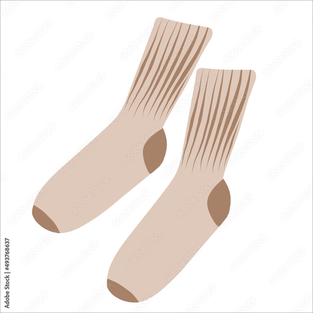 Beige socks. A warming accessory for cold weather. Hand-drawn. Vector illustration in a flat style, isolated on a white background. Beige socks. A warming accessory for cold weather. Hand-drawn. Vector illustration in a flat style, isolated on a white background.