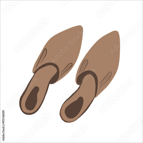 A pair of women's shoes with a pointed toe, highlighted on a white background. Mules for women. Elegant women's shoes. Color flat vector illustration of fashionable stylish slides