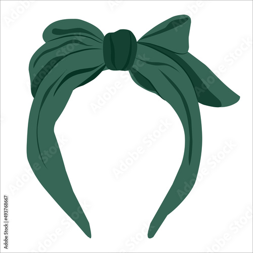Green women's hair bandana with a bow. Soloha for women, hair accessory, hairband. Vector illustration of a cartoon flat style, isolated on a white background.