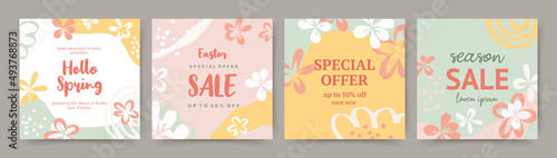 Shopping banners design. Spring season social media post templates. Green pink yellow flower background. Vector illustration for web banners, mobile app, internet ads, sale promotion 
