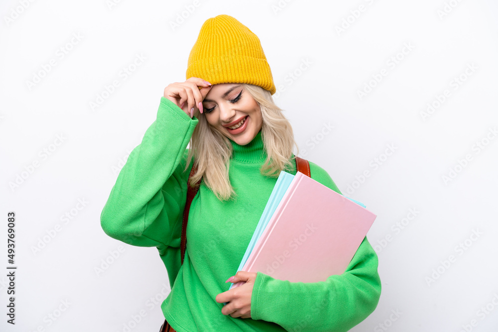 Young Russian student woman isolated on white background laughing Young Russian student woman isolated on white background laughing