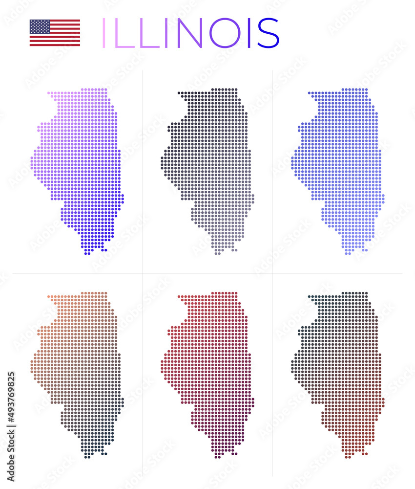Illinois dotted map set. Map of Illinois in dotted style. Borders of the us state filled with beautiful smooth gradient circles. Amazing vector illustration.