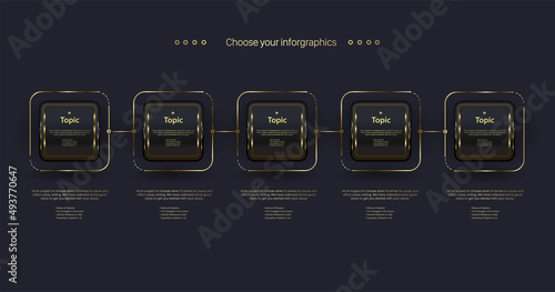 The Best Dark Luxury Steps buttons Infographic with FIVE options process, a golden rectangle objects chart on dark background, workflow design for business and finanial elements