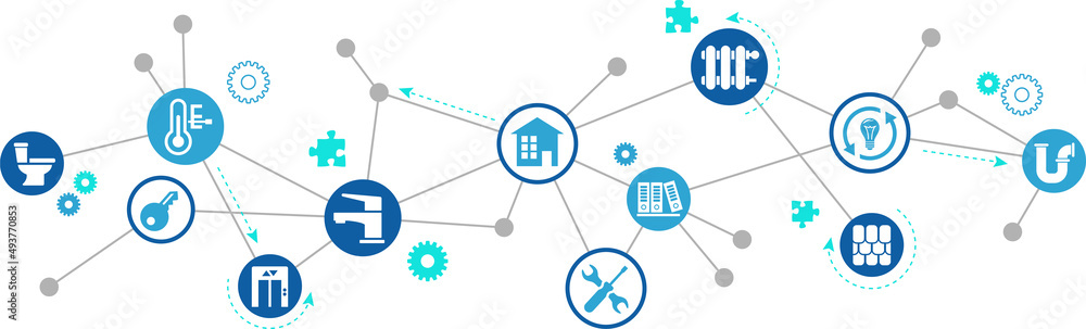 Facility management vector illustration. Concept with icons related to commercial / office or residential property caretaker service, building management & maintenance, handyman / repairman. Facility management vector illustration. Concept with icons related to commercial / office or residential property caretaker service, building management & maintenance, handyman / repairman.