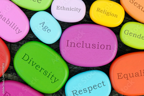 Inclusive words on colorful wooden stones. Diversity in community and work culture concept.