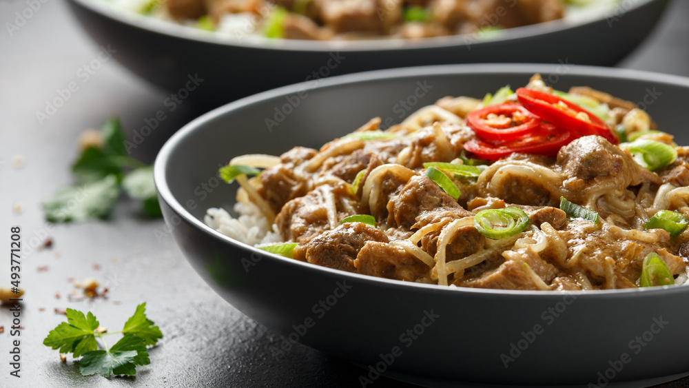 Thai style peanut pork with bean sprouts and rice. Asian food Thai style peanut pork with bean sprouts and rice. Asian food