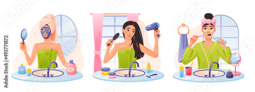 Morning hygiene collection. Young girl during daily hygiene. A set of items for morning feminine hygiene. Self care at home. Cartoon vector illustration. 