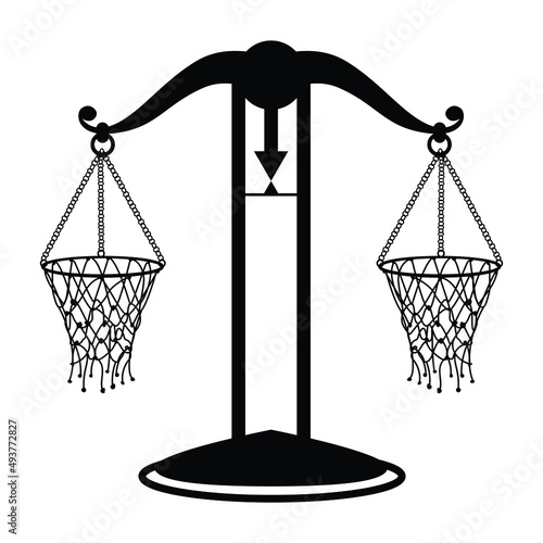 Justice scale with  basketball basket, vector concept irony.