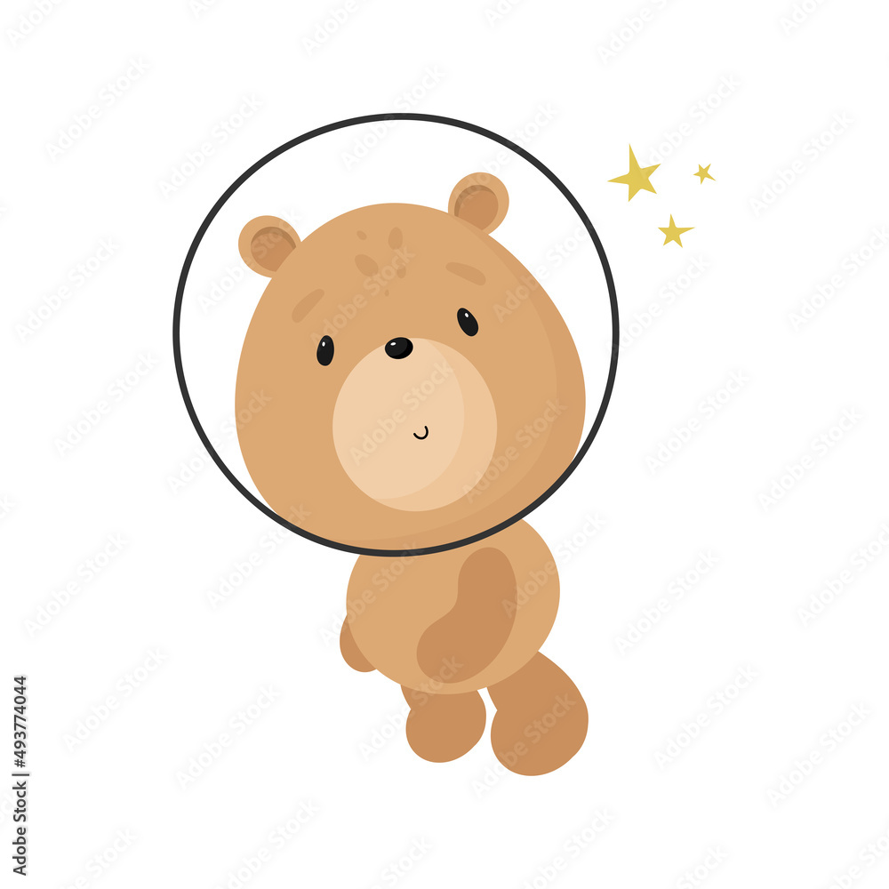 Obraz premium Cute Bear in the space. Cartoon style. Vector illustration. For kids stuff, card, posters, banners, children books, printing on the pack, printing on clothes, fabric, wallpaper, textile or dishes.