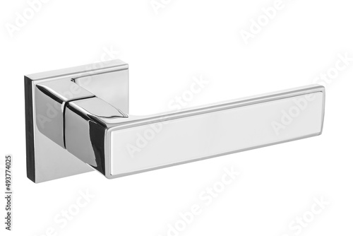 Door handle made of metal on an isolated white background. Reliable design handle for the door of houses, apartments, warehouses, offices and other premises.