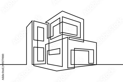 Flat roof house or commercial building in continuous line art drawing style. Modern architecture black linear sketch isolated on white background. Vector illustration