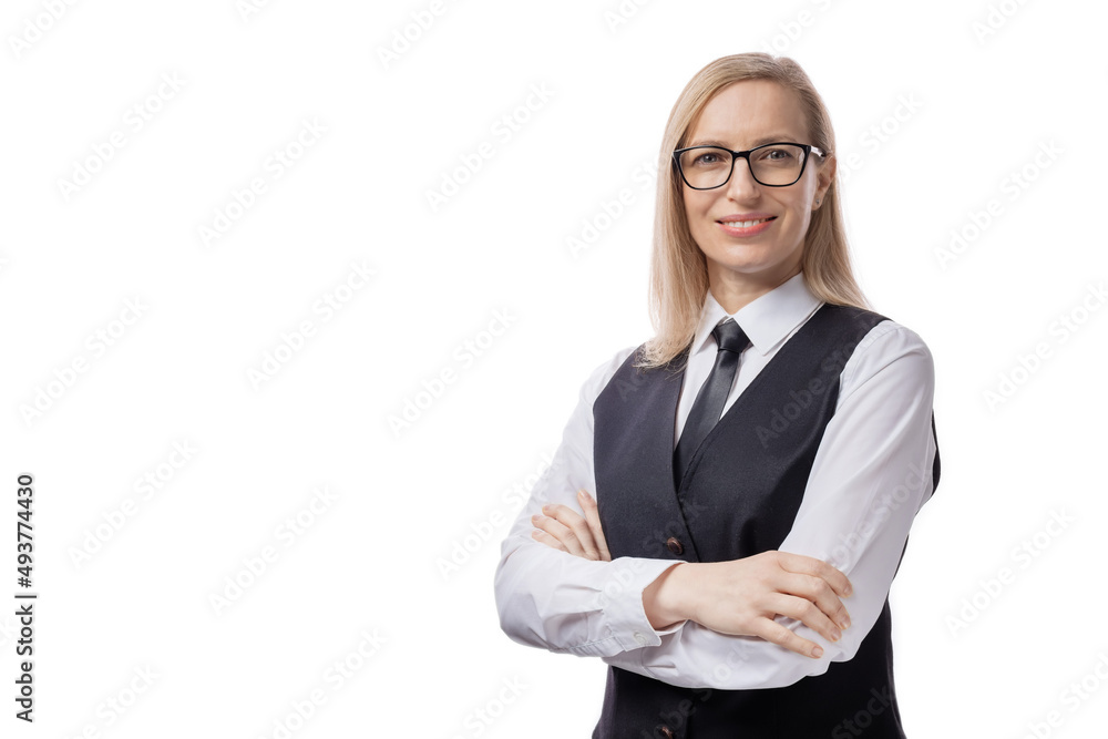 Successful business lady in eyeglasses and black tie keeping arms crossed while posing over white background. Concept of people, career and success. Successful business lady in eyeglasses and black tie keeping arms crossed while posing over white background. Concept of people, career and success.