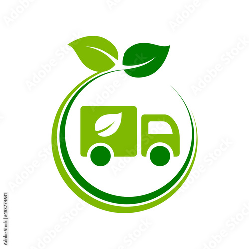 Truck with a leaf icon. Green eco truck inside circle with leaves. Environmental friendly cargo transportation. Carbon neutral shipping logistics. Electric vehicle. Vector illustration, flat, clip art