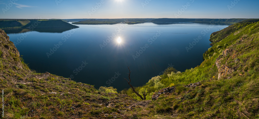 Amazing spring sunset view on the Dnister River Canyon, Bakota Bay, Khmelnytsky region, Ukraine.