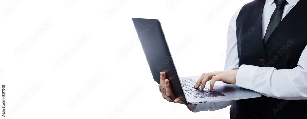 Close up of business woman standing over white background and typing on wireless laptop. Successful lady using modern computer for work. Close up of business woman standing over white background and typing on wireless laptop. Successful lady using modern computer for work.
