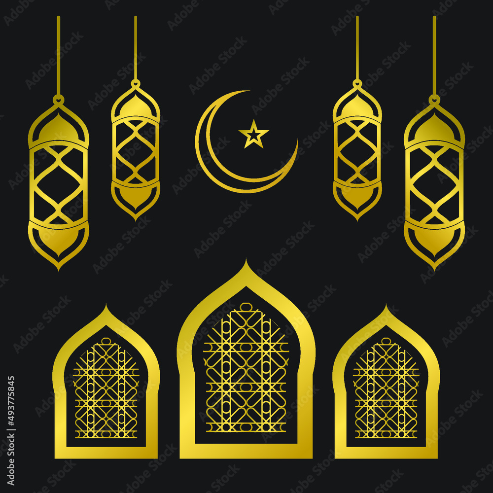 Islamic Vector Ramadan Lantern, Moon and Gate with Islamic Pattern