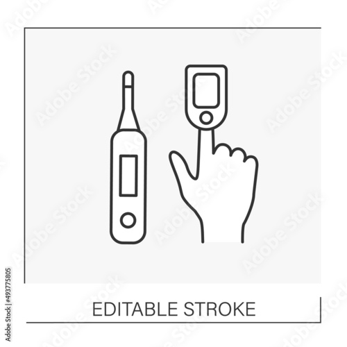  Healthcare line icon. Control body temperature. Finger pulse oximeter. Oxygen level in lungs.Electronic thermometer concept. Isolated vector illustration. Editable stroke