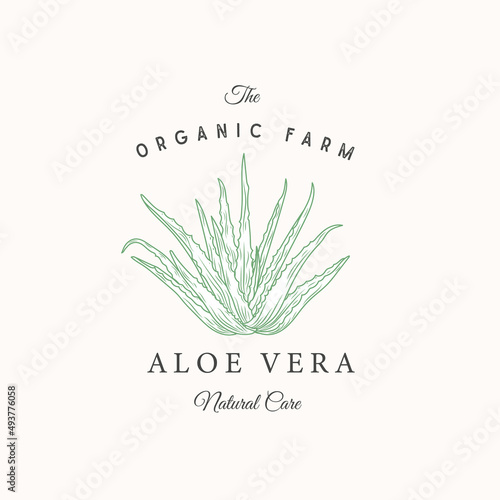 Aloe Vera Abstract Vector Sign, Symbol or Logo Template. Elegant Hand Drawn Aloe Sillhouette with Retro Typography. Vintage Luxury Emblem. Isolated.