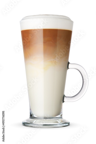 Latte coffee in a transparent glass cup isolated.