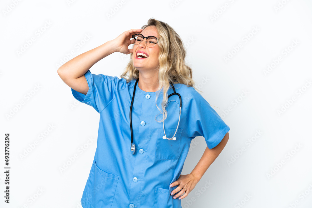 Brazilian surgeon doctor woman over isolated background smiling a lot Brazilian surgeon doctor woman over isolated background smiling a lot