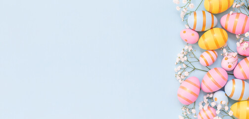 Easter holiday background with colorful easter eggs and white flowers on blue background.