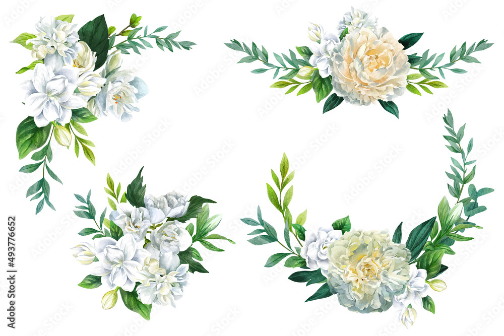 Set of four lush white floral bouquets