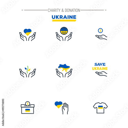 Charity donation line pixel perfect vector icon set. Save Ukraine icons with Ukrainians national colors: blue and yellow. Human hands holding heart, globe, volunteer logo. Nonprofit and charity.