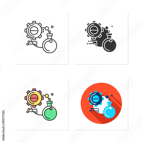 Experiment icons set. Glass bulb with gear and information link. Creative idea test, scientific research.Collection of icons in linear,filled,color styles.Isolated vector illustrations