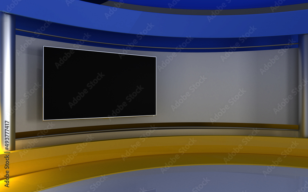 TV studio. Ukraine. Studio with Ukrainian flag colors. Ukraine flag background. News studio. Backdrop for any green screen or chroma key video or photo production. 3d render. 3d TV studio. Ukraine. Studio with Ukrainian flag colors. Ukraine flag background. News studio. Backdrop for any green screen or chroma key video or photo production. 3d render. 3d