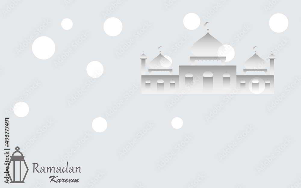 Happy Ramadan greetings with a mosque silhouette on a white background